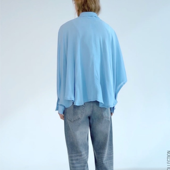 Zara Blue Flowy Cape Sleeve Blouse Size S NWT - Picture 5 of 9